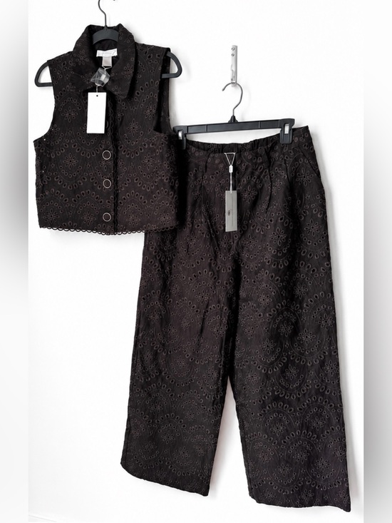 Caroline Constas Pants - Caroline Constas NWT Brown Eyelet Embroidered Vest & Wide-Leg Pants Set Size L